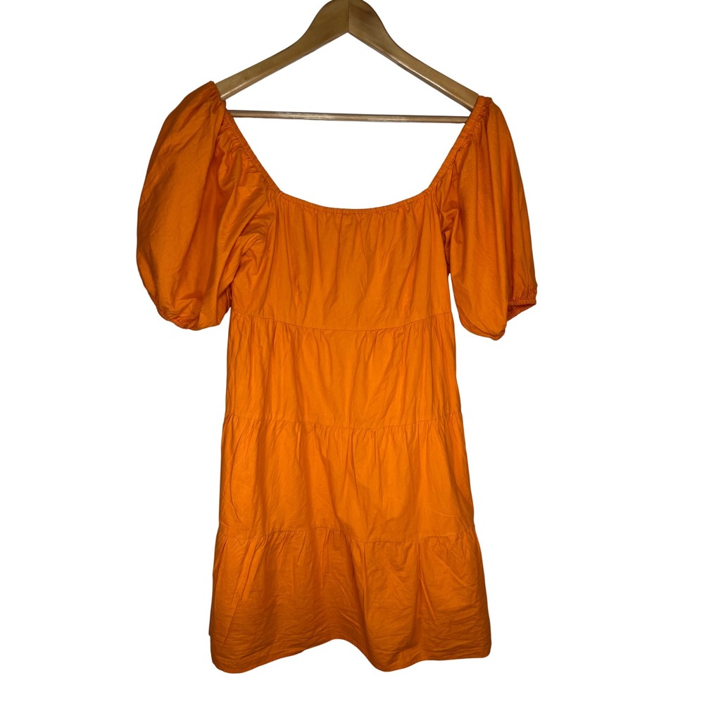 Sim & Sam Tiered Mini Dress Womens Medium Orange Puff Sleeve Smocked Back